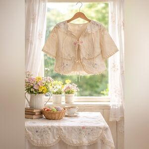Upcycled antique tablecloth crochet embroidered boxy blouse top open front shirt